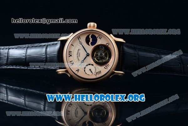 Patek Philippe Grand Complication Swiss Tourbillon Manual Winding Rose Gold Case with Rose Gold Dial Roman Numeral Markers and Black Leather Strap - Click Image to Close